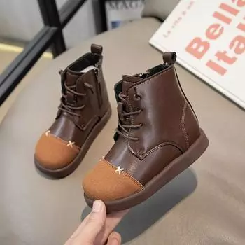 Детские повседневные ботинки в корейском стиле в стиле ретро 2023 года, осенне-зимние ботинки для девочек, цветные, мягкие, из искусственной кожи, с прострочкой, для мальчиков 26 чёрный