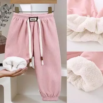 Детские повседневные брюки осень-зима новые вельветовые брюки для девочек однотонные плюшевые свободные теплые спортивные брюки для мальчиков и малышей 90 бежевый