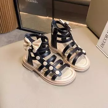 Детские повседневные гладиаторские сандалии Летние пляжные сандалии для девочек с бантом Модные вырезы Детские римские сандалии принцессы Черные нескользящие 26 бежевый