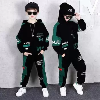 Детские повседневные костюмы из двух частей для мальчиков на весну и осень Толстовки с принтом и брюки с эластичной резинкой на талии 160 чёрный