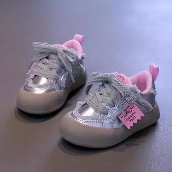 Детские повседневные кроссовки весна-осень 2024 г. с толстой подошвой, модные детские кроссовки для ходьбы, модные школьные теннисные туфли для девочек, с липучкой 26 серебряный