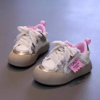Детские повседневные кроссовки весна-осень 2024 г. с толстой подошвой, модные детские кроссовки для ходьбы, модные школьные теннисные туфли для девочек, с липучкой 26 серебряный