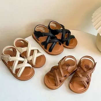 Детские повседневные сандалии для девочек, римские вязаные сандалии, мягкая подошва, модная летняя пляжная обувь для маленьких детей, нескользящая, размер 22-32 22 чёрный