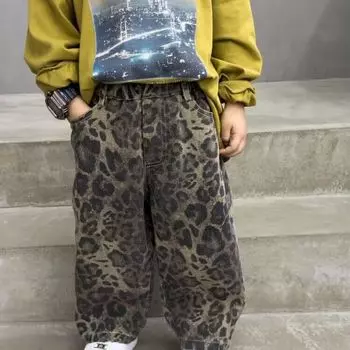 Детские повседневные свободные брюки с леопардовым принтом, джинсы, модные повседневные свободные брюки в уличном стиле из хлопка 140cm