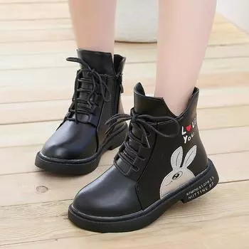 Детские повседневные туфли принцессы с героями мультфильмов для девочек, кожаные сапоги с тонкими ворсинками 27 чёрный