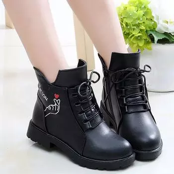 Детские повседневные туфли принцессы с героями мультфильмов для девочек, кожаные сапоги с толстыми ворсинками 27 чёрный