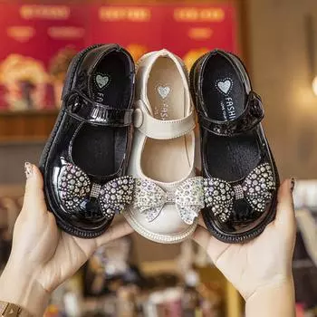 Детские повседневные универсальные однотонные туфли в британском стиле для девочек с милыми стразами и бантом, танцевальная обувь с мягкой подошвой, кожаная обувь 24