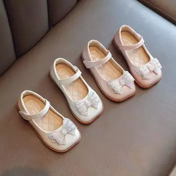 Детские повседневные универсальные однотонные туфли в британском стиле для девочек с милыми стразами и бантом, танцевальная обувь с мягкой подошвой, кожаная обувь 21
