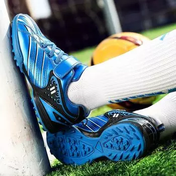 Детские профессиональные футбольные бутсы для газона, спортивные футбольные бутсы для мальчиков и девочек, школьные тренировочные футбольные кроссовки с шипами для спортзала, золотого цвета 30 синий