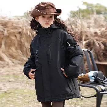 Детские пуховики для мальчиков и девочек, уличные куртки «три в одном» на гусином пуху для детей среднего и старшего возраста, утепленные зимние пальто 130Cm (one size smaller) чёрный