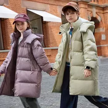 Детские пуховики для мальчиков и девочек, новое стильное зимнее пальто средней длины с утолщенным белым утиным пухом 130cm чёрный