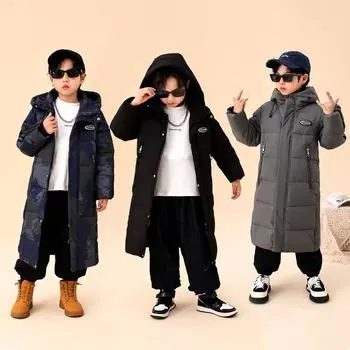 Детские пуховики для мальчиков и девочек зимние средней длины утепленные детские стильные пальто для родителей и детей 110cm чёрный