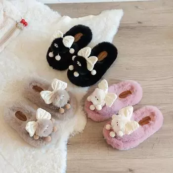 Детские пушистые тапочки, модные домашние тапочки для девочек с изображением мультяшных пылевых кроликов, плюшевые тапочки для дома, детская теплая зимняя обувь, нескользящая 26 чёрный
