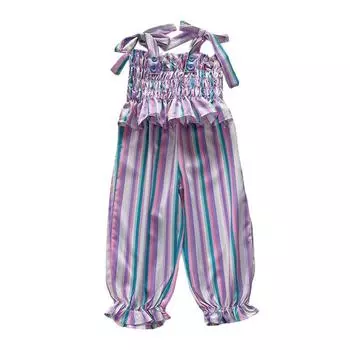 Детские разноцветные полосатые топы для девочек, комплект брюк с девятью точками, костюм на бретельках 130