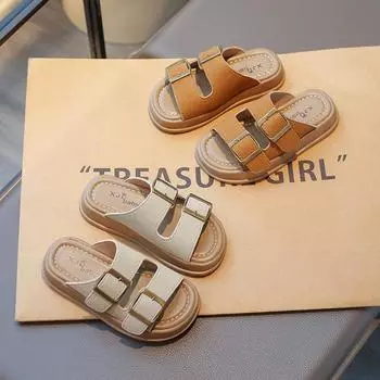 Детские ретро-тапочки, модные повседневные туфли для мальчиков и девочек, с открытым носком и пряжкой, классные детские летние пляжные тапочки, однотонные, простые, новые 26 бежевый