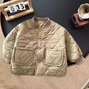 Детские ретро-топы, теплые осенние и зимние корейские детские хлопковые куртки в сетку для мальчиков, модные повседневные утепленные куртки 80 зелёный