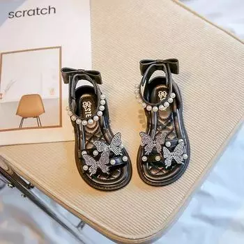 Детские римские сандалии 2024 года, новые туфли принцессы для девочек с бабочкой, модные пляжные туфли с жемчугом и узлом сзади, нескользящие 23 бежевый