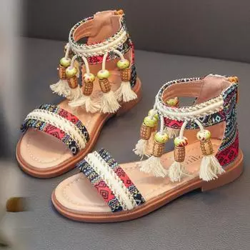 Детские римские сандалии, Сандалии для девочек, Летняя корейская версия, Мягкая подошва для детей среднего и старшего возраста, Этнический стиль, Ретро, Студенческая обувь 26 чёрный
