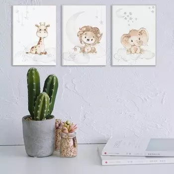 Детские рисунки, постер с животными, дизайн льва, жирафа, слона, облаков, звезд, луны, настенное украшение для спальни, комнаты для младенца, мальчика и девочки львиный