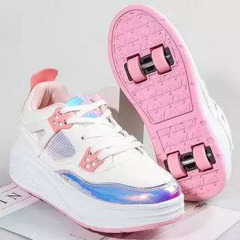 Детские роликовые коньки с четырьмя колесами, съемная плоская спортивная обувь для девочек, розовые роликовые коньки, спортивная обувь, розовые кроссовки 28 розовый