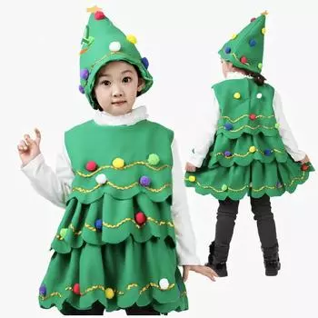 Детские рождественские костюмы 2 шт., платье без рукавов для девочек + шапка, украшение в форме рождественской елки, меховой шар, праздничная одежда для косплея 90cm зелёный