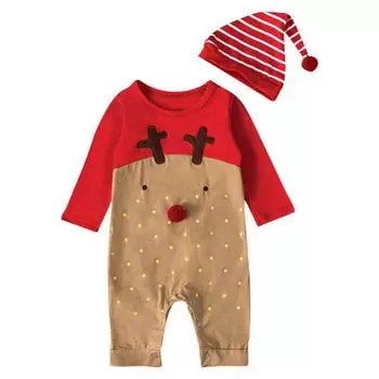 Детские рождественские наряды, Рождественский костюм лося, комбинезон, боди с полосатой шляпой, комбинезон для новорожденных 70