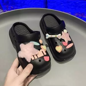 Детские сандалии для девочек 2024 года, летняя новая мода, удобная толстая подошва, нескользящая, повседневная, модная, корейская пляжная обувь 30-31 чёрный