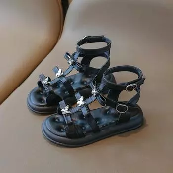 Детские сандалии для девочек 2024 года, летняя новая мода, сладкая бабочка, мягкая, удобная, повседневная, универсальная, нескользящая, римская обувь 23 чёрный