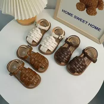Детские сандалии для девочек 2024 года, новые детские летние сандалии, модные повседневные плетеные пляжные римские сандалии на плоской подошве с закрытыми пальцами, популярные 22 бежевый