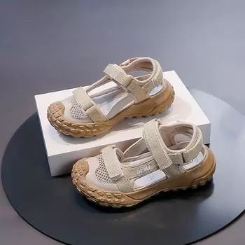 Детские сандалии для мальчиков 2024 года, новые детские летние сандалии с вырезами из сетки для девочек, модные повседневные спортивные сандалии для школы, универсальные, популярные 26 хаки