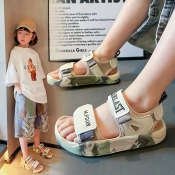 Детские сандалии для мальчиков Baotou Anti Kick Toe Protection Sandals 2024 Лето Новые Камуфляжные Пляжные Туфли Для Девочек Повседневная Обувь Для Больших Детей 26 16.6cm чёрный