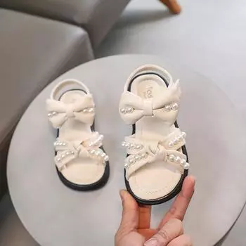 Детские сандалии летние милые туфли принцессы с жемчужным бантом для девочек однотонные повседневные детские сандалии с толстой подошвой с открытым носком универсальные 22 зелёный