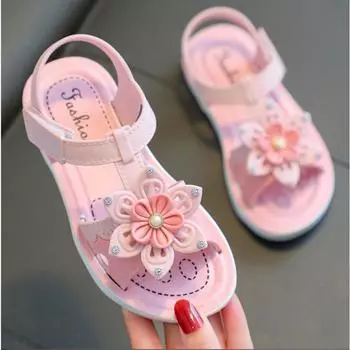Детские сандалии, летние нескользящие сандалии на мягкой подошве, милые сандалии принцессы с цветами, детские сандалии 26 слоновая кость
