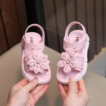 Детские сандалии, летние нескользящие сандалии на мягкой подошве, милые сандалии принцессы с цветами, детские сандалии 24 розовый
