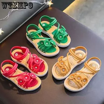 Детские сандалии Летние нескользящие сандалии с мягкой подошвой Милые сандалии принцессы с цветочным принтом Маленькие, средние и большие детские сандалии 38 розы красного