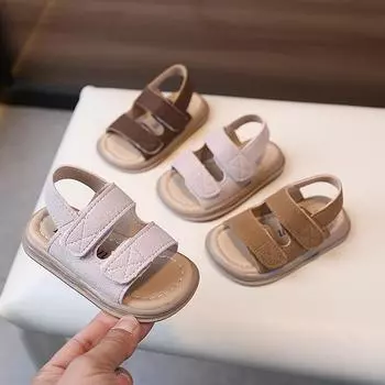 Детские сандалии, летние, новые, мягкие, замшевые сандалии для мальчиков, повседневная обувь для девочек, модная пляжная обувь с открытым носком для девочек, трендовая 17 коричневый
