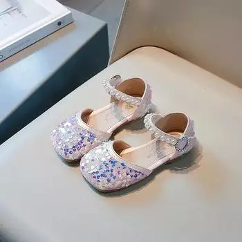 Детские сандалии на плоской подошве, летние сандалии с пайетками для девочек, модные сандалии для девочек на свадьбу, сандалии на липучке 23 розовый