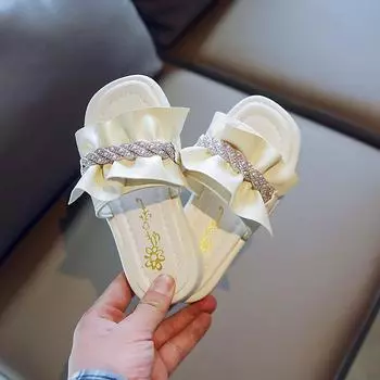 Детские сандалии на плоской подошве с открытым носком и цепочкой из стразов для девочек, милые, универсальные, летние, 2024, новые, повседневные, детские тапочки, милые 26 зелёный