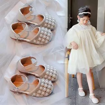 Детские сандалии на плоской подошве с жемчугом, вечерние сандалии принцессы со стразами для девочек, детская кожаная пляжная обувь с отверстиями 23 розовый