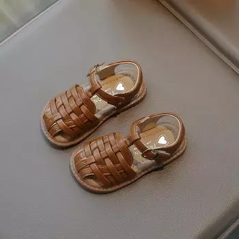 Детские сандалии однотонные детские повседневные плетеные пляжные сандалии для мальчиков и девочек универсальные модные сандалии для малышей с вырезами на плоской подошве 22 коричневый