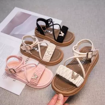 Детские сандалии принцессы со складками для девочек, сандалии со стразами и бабочкой, модная детская летняя пляжная обувь с крестиком, милая 26 чёрный