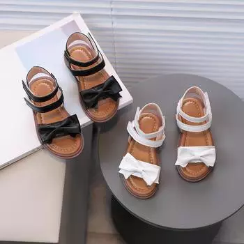 Детские сандалии, простые повседневные однотонные сандалии с бантом для маленьких девочек, нескользящие сандалии с мягкой подошвой, детская обувь 22