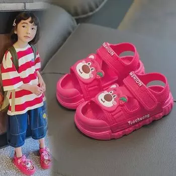 Детские сандалии с закрытым носком и рисунком 2024 года: Пляжная обувь для малышей с защитой от столкновений Size 25-26, Inner Length 16.5CM синий