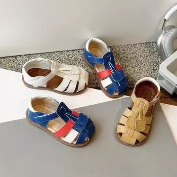 Детские сандалии с закрытыми носками, прогулочная обувь для малышей, кожаные вырезы, дышащая детская летняя пляжная обувь, застежка-липучка, нескользящая 21 коричневый