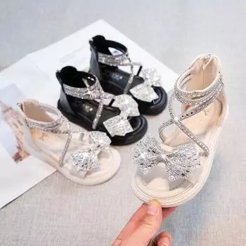 Детские сандалии в британском стиле, летние детские пляжные туфли с вырезами для девочек, модные повседневные простые римские сандалии с высоким берцем для девочек 23 чёрный