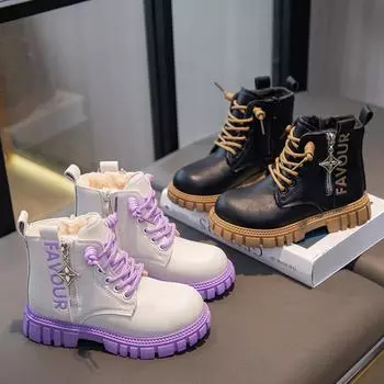 Детские сапоги больших размеров, модные сапоги, кожаные сапоги на осень и зиму с флисом, теплые и модные, короткие сапоги 26 чёрный