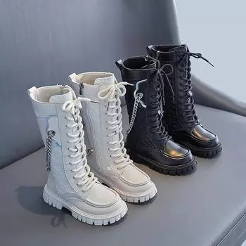 Детские сапоги Knight Boots 2024 Новые весенние и осенние длинные сапоги с дышащими маленькими карманами и цепочкой Модные детские сапоги для девочек 27 бежевый