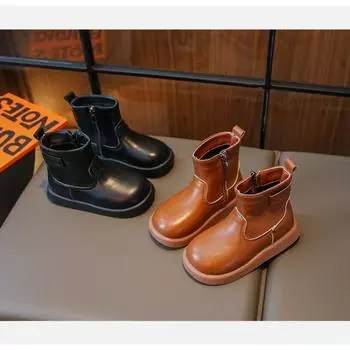 Детские сапоги Зимние новые бархатные женские сапоги Treasure Сапоги из хлопка Модные кожаные сапоги Детские сапоги Короткие сапоги для девочек 23 чёрный