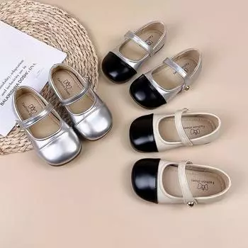 Детские серебристые кожаные туфли для маленьких девочек, весенне-осенние новые кожаные туфли принцессы для маленьких, средних и больших девочек 23 чёрный