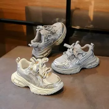 Детские сетчатые кроссовки для мальчиков, красивые кроссовки для детей среднего и большого размера, кроссовки для бега на толстой подошве, повседневная обувь для девочек 26 серебряный